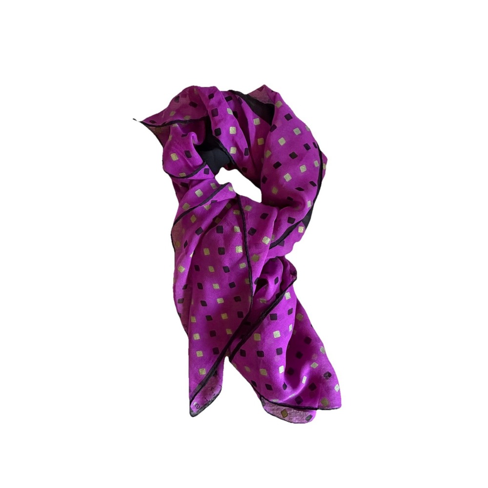 Rare Perry Ellis Vintage Silk Scarf Purple Gold Black Retro Squares Geometric